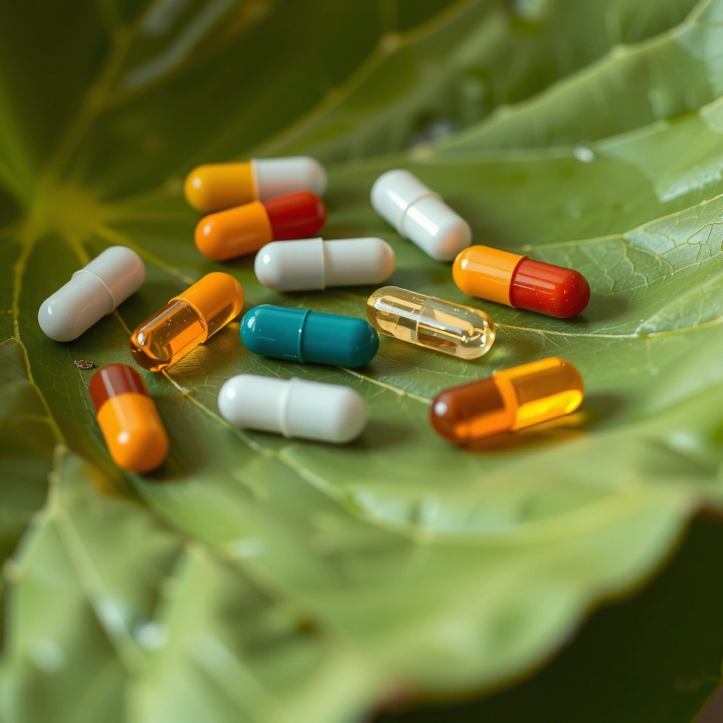 Cápsulas de vitaminas naturales sobre una hoja verde