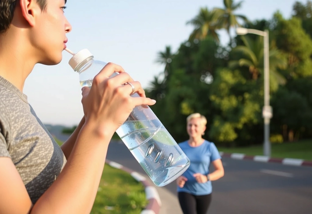 Persona bebiendo agua de una botella reutilizable durante un ejercicio ligero al aire libre