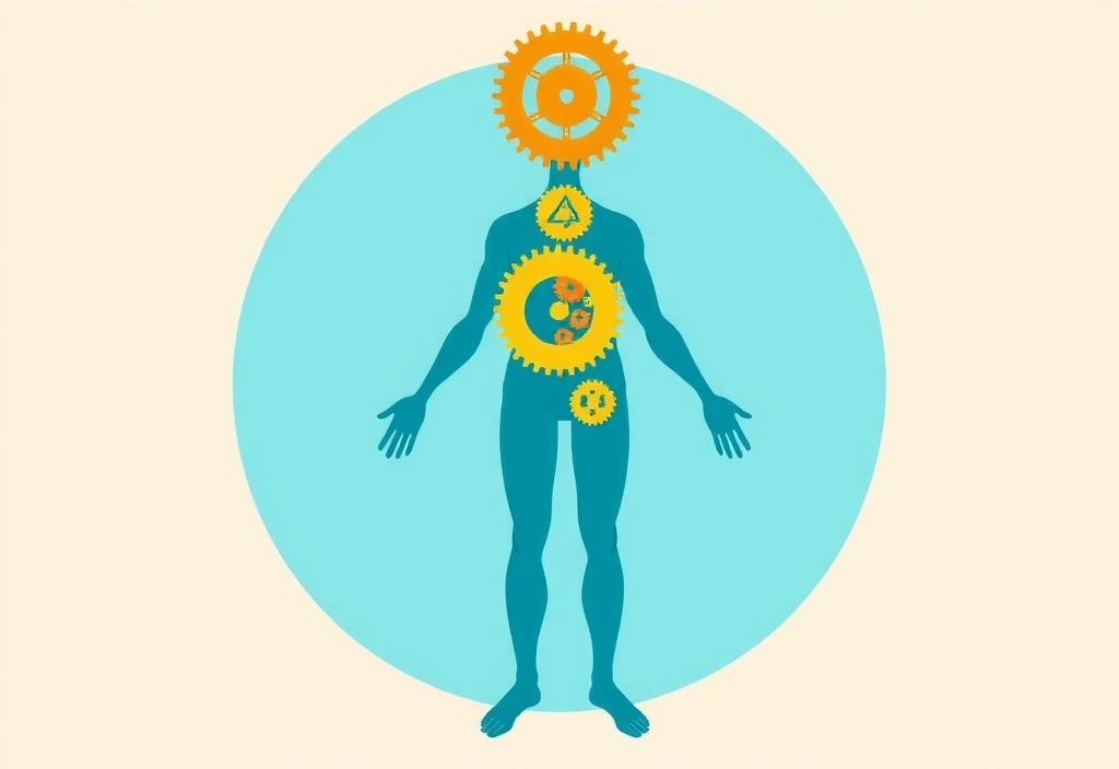 Ilustración de un cuerpo humano con minerales representados como engranajes funcionando en armonía