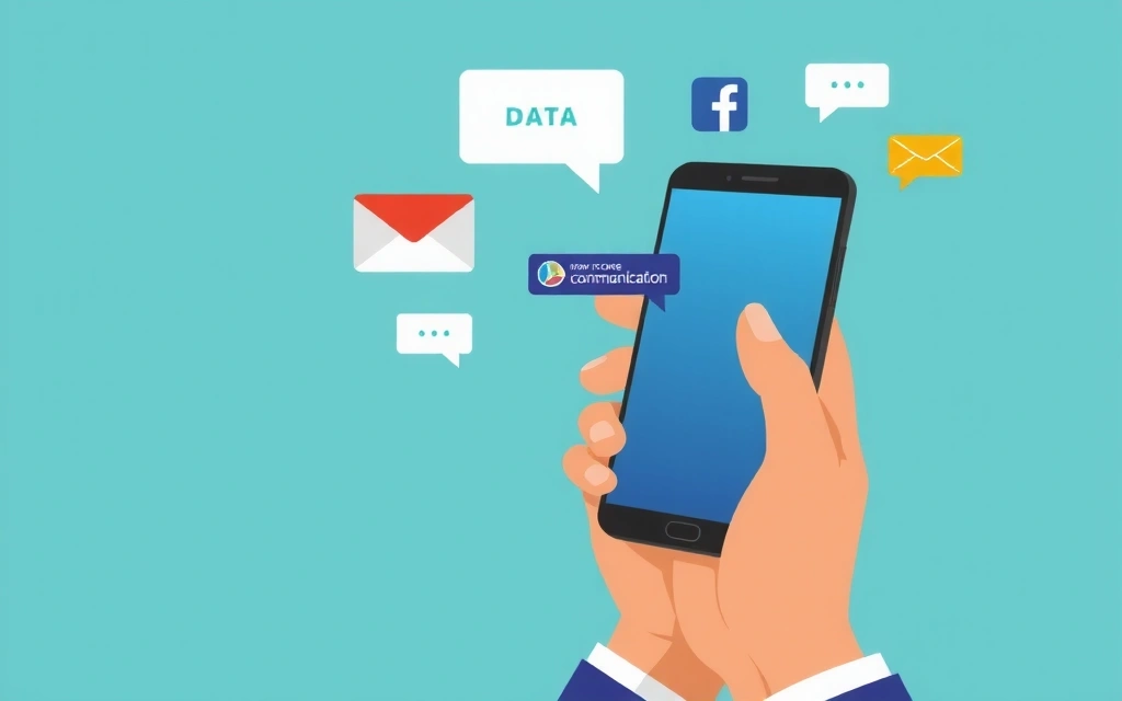 Ilustración de manos sosteniendo un smartphone con iconos de redes sociales y correo electrónico