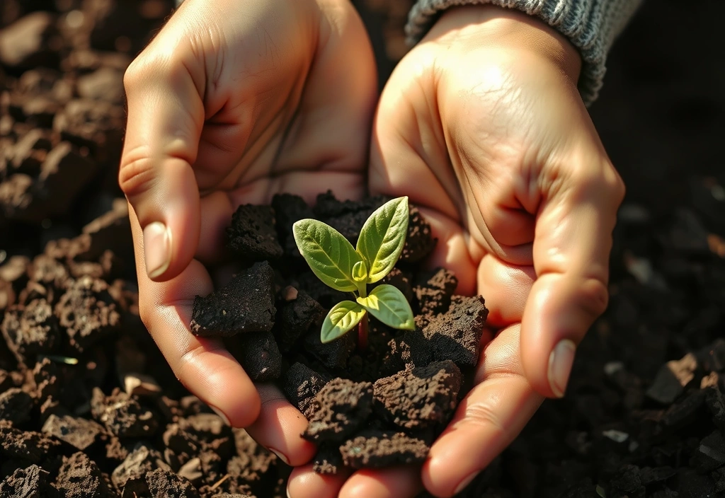 Manos sosteniendo una planta joven que crece, simbolizando el crecimiento y la salud natural.