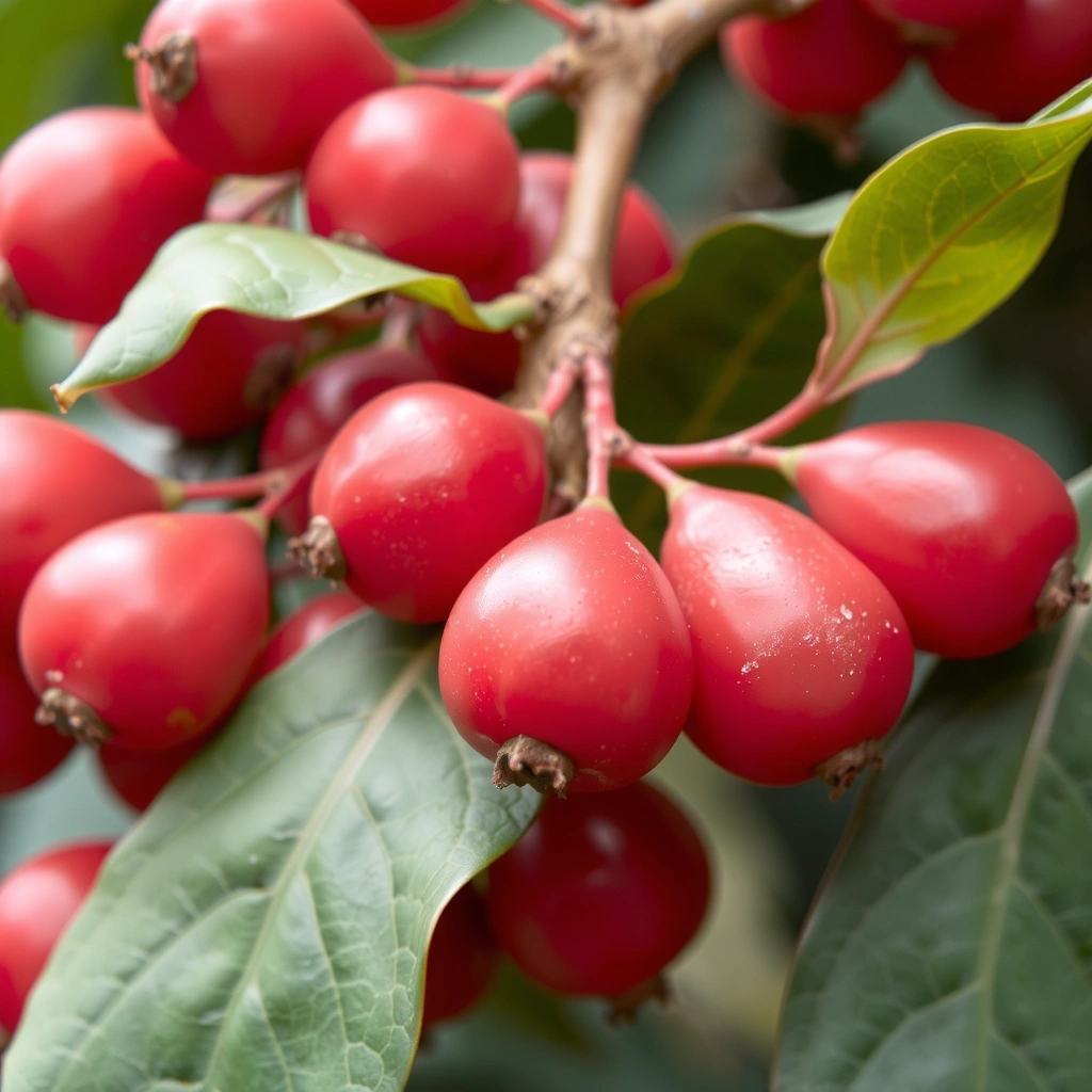 Baya de Schisandra con hojas, conocida por sus propiedades energizantes