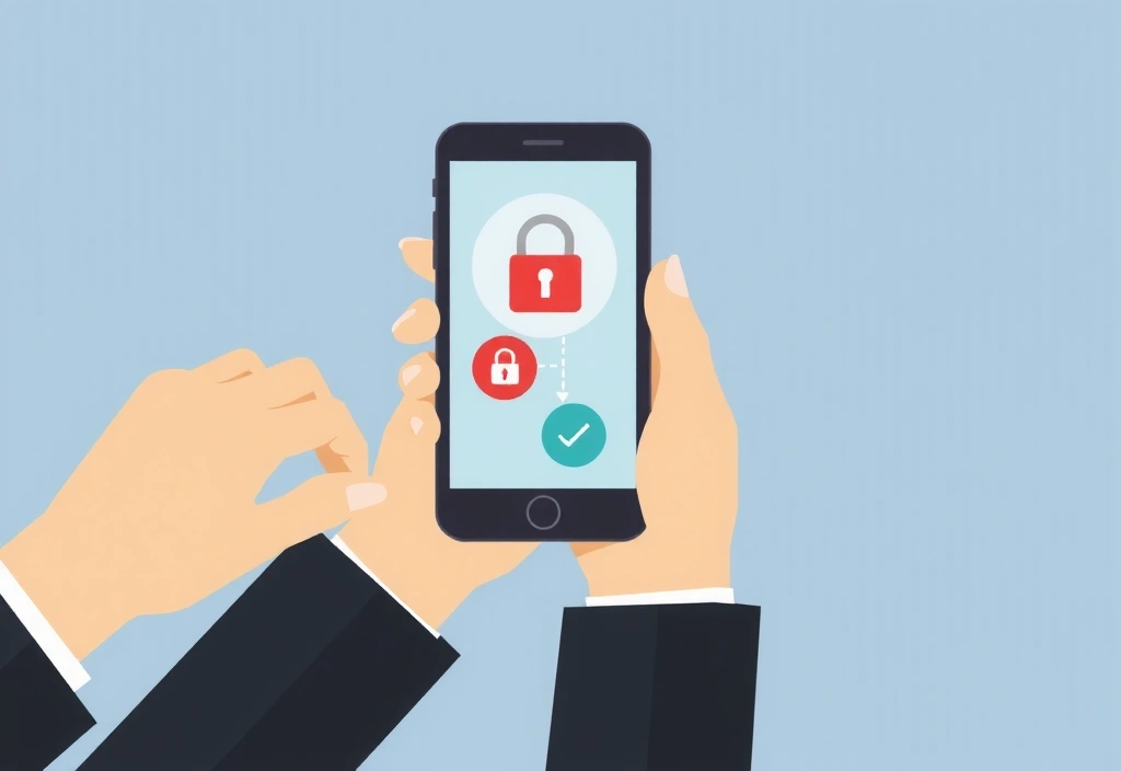 Ilustración de manos sosteniendo un smartphone con iconos de seguridad y privacidad
